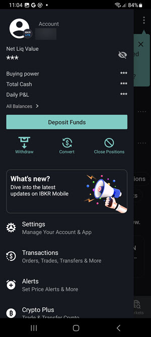 The account menu deppsit funds button on the Android Phone